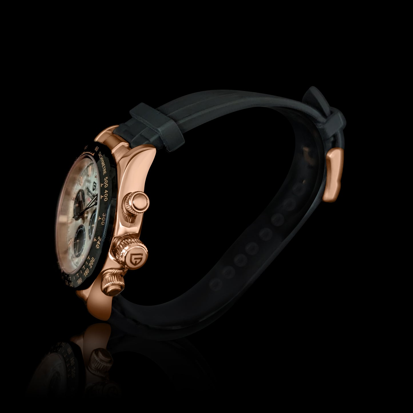 Side view of rose gold watch with black strap