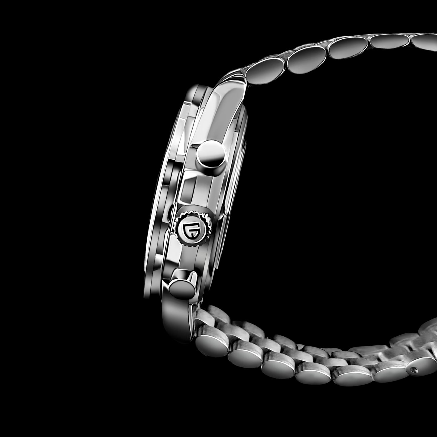 Profile view of chronograph watch showing pushers and crown