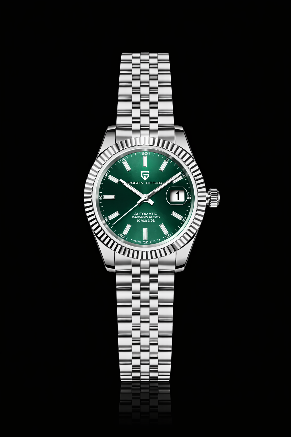 Silver bracelet watch with green dial on black background