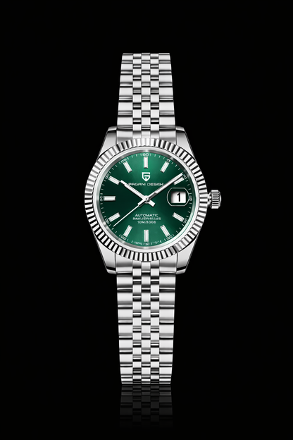 Silver bracelet watch with green dial on black background