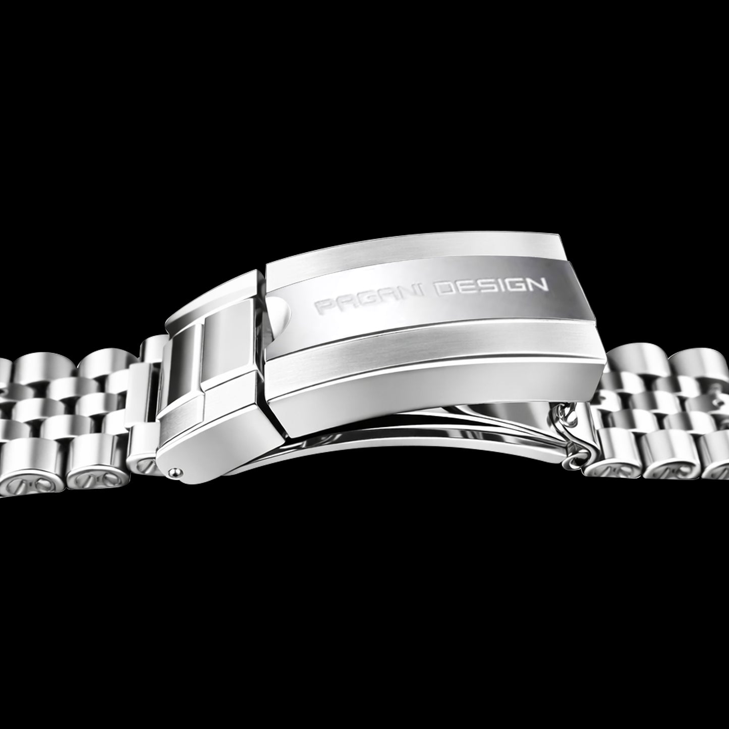 Close-up of silver bracelet watch clasp on black background