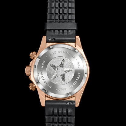 Back view of rose gold watch with black strap