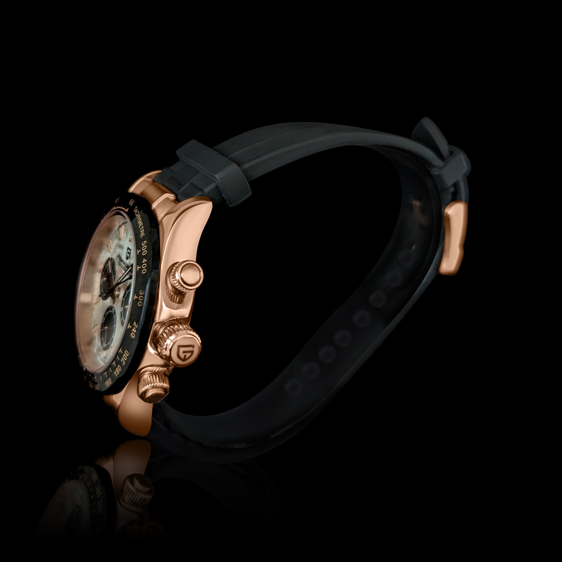 Side view of rose gold watch with black strap