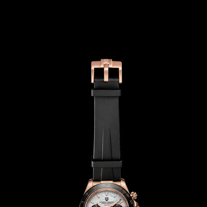 Black watch strap with rose gold buckle detail