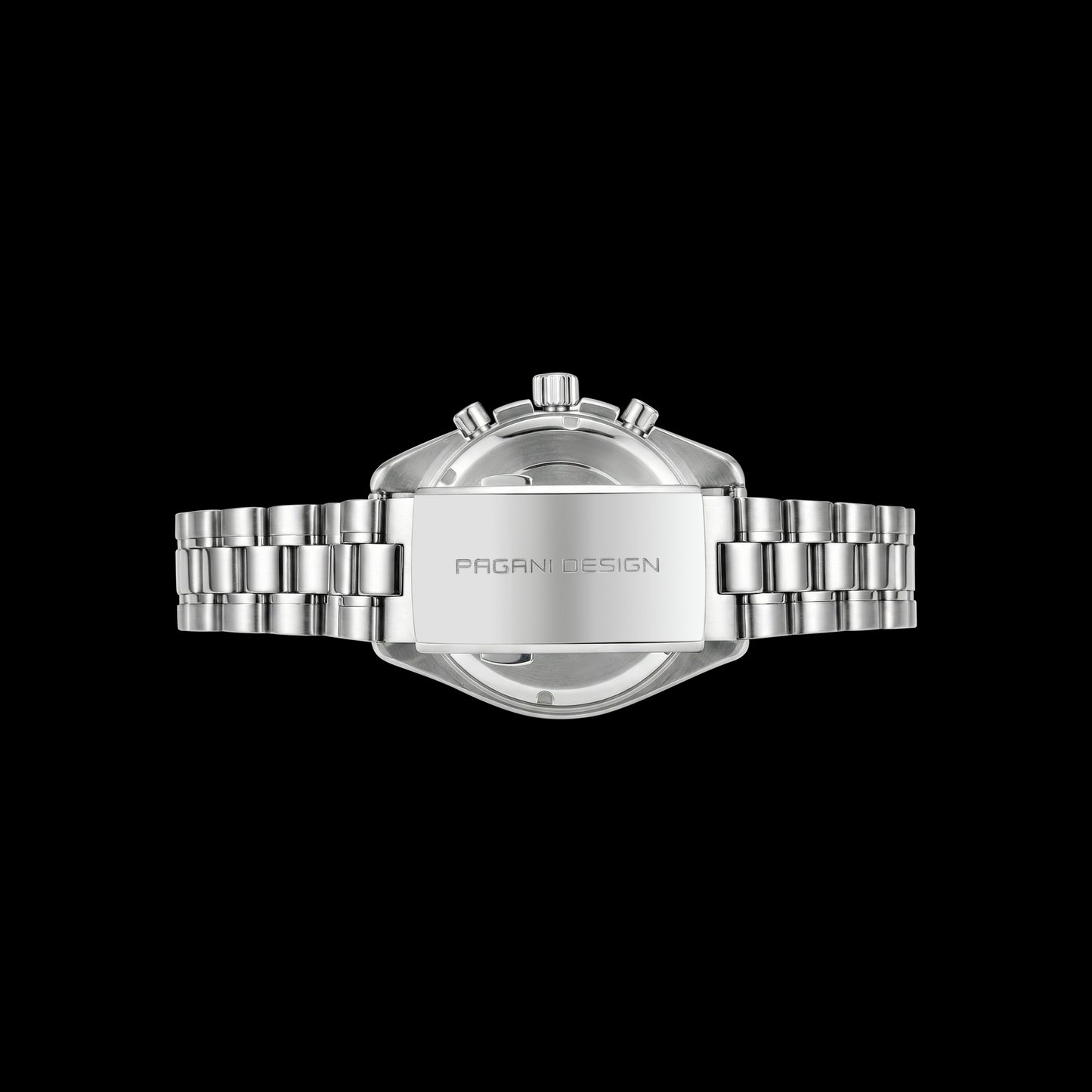 Back of stainless steel watch showing caseback and bracelet on black background
