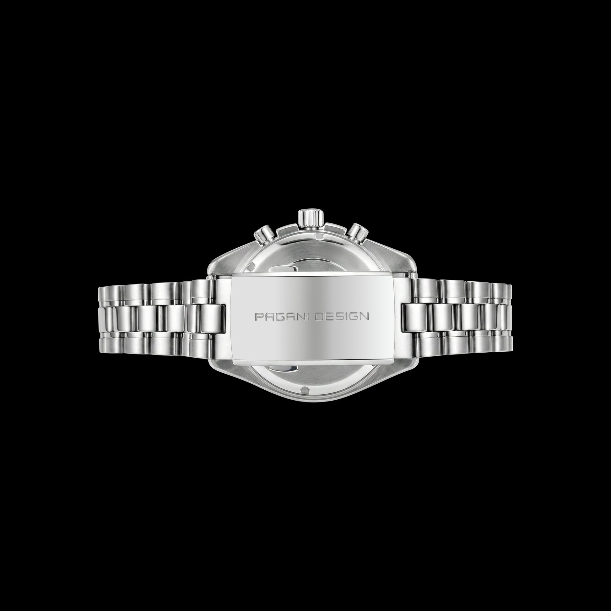 Back of stainless steel watch showing caseback and bracelet on black background