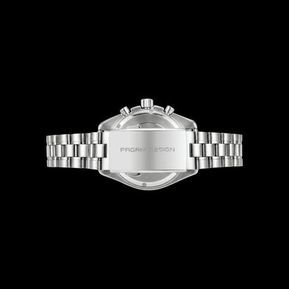 Back of stainless steel watch showing caseback and bracelet on black background