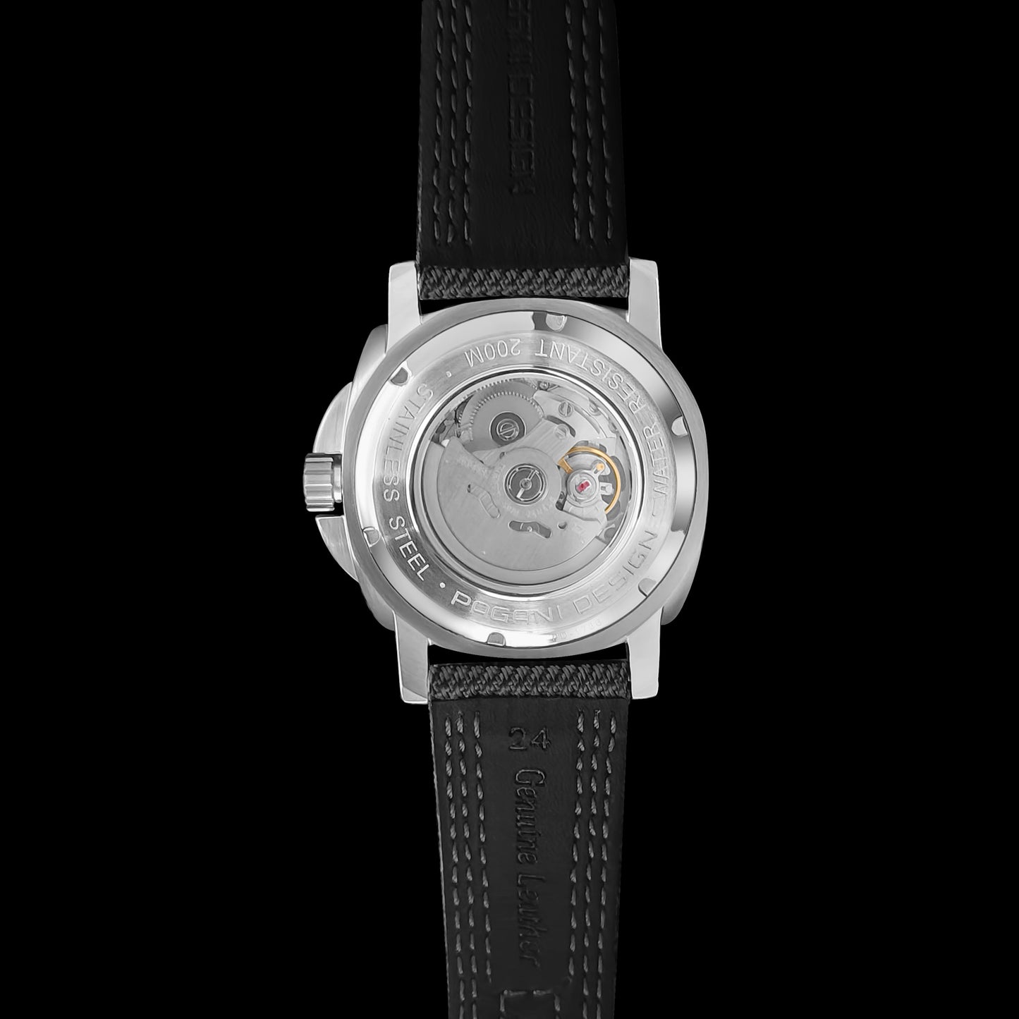 Back view of automatic watch showing mechanical movement