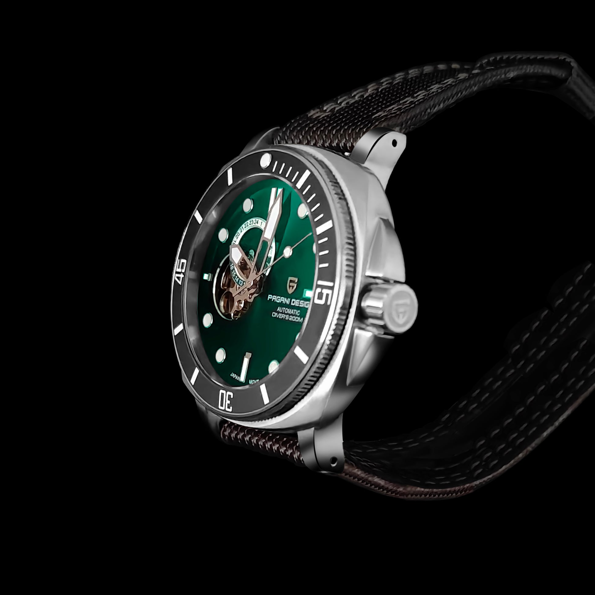 Side view of green dial wristwatch with fabric strap
