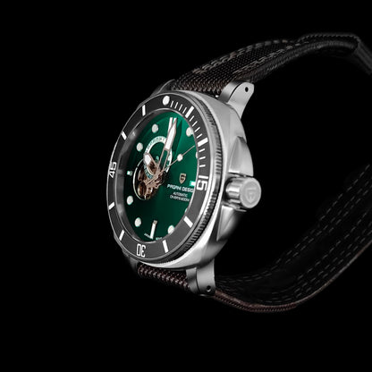 Side view of green dial wristwatch with fabric strap