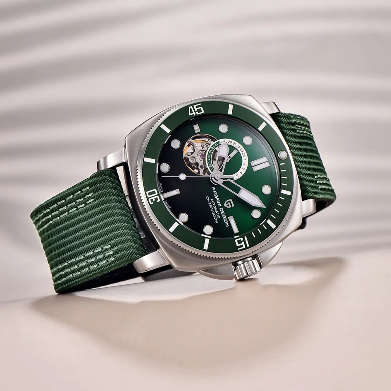 Green dial automatic wristwatch with stainless steel case