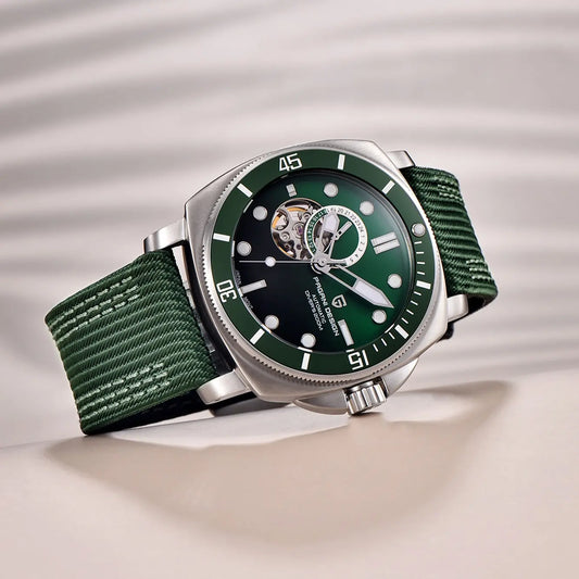 Green dial automatic wristwatch with stainless steel case