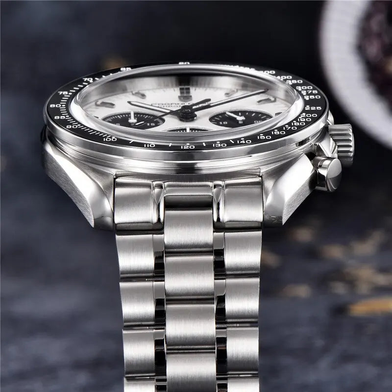 Side view of stainless steel chronograph watch showing case thickness and bracelet
