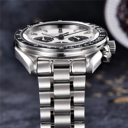 Side view of stainless steel chronograph watch showing case thickness and bracelet