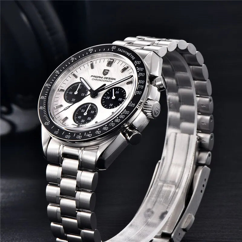 Stainless steel chronograph watch with white dial and metal bracelet, angled front view