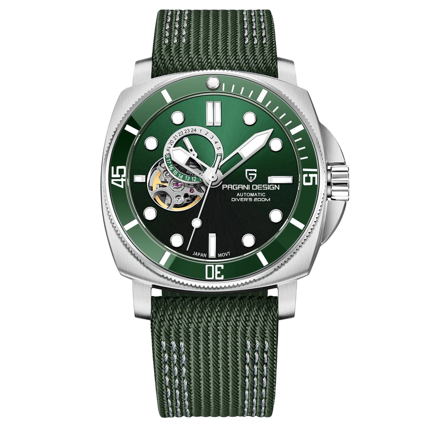 Green dial wristwatch with stainless steel case and green fabric strap