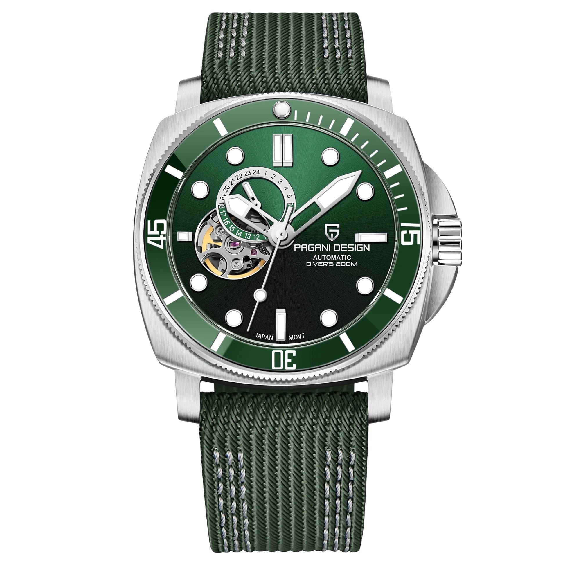 Green dial wristwatch with stainless steel case and green fabric strap