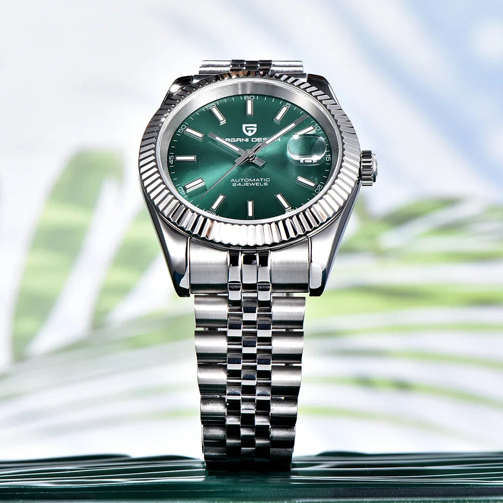 Silver bracelet watch with green dial on light background