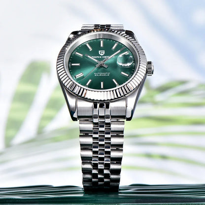 Silver bracelet watch with green dial on light background