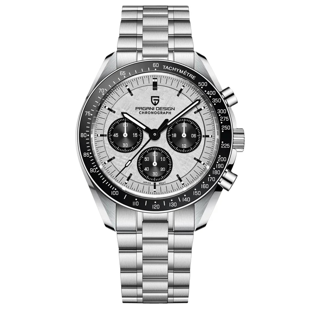 Chronograph watch with white dial and stainless steel bracelet on white background