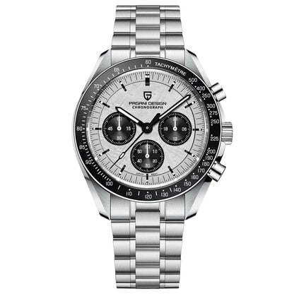 Chronograph watch with white dial and stainless steel bracelet on white background
